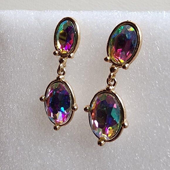 NWOT Etsy Iridescent Crystal Beaded Gold Tone Pierced Drop Dangle Earrings - Picture 9 of 15